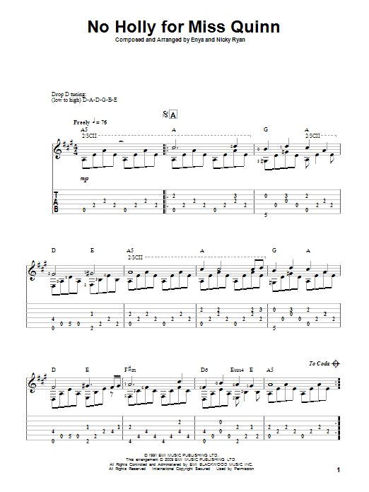 Enya No Holly For Miss Quinn Sheet Music Notes & Chords for Guitar Tab - Download or Print PDF