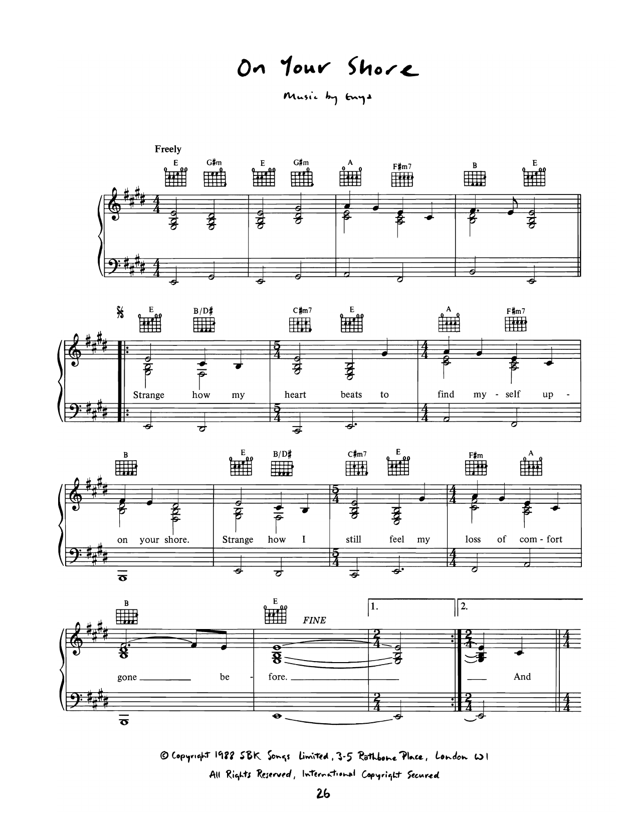 Enya On Your Shore Sheet Music Notes & Chords for Piano, Vocal & Guitar Chords (Right-Hand Melody) - Download or Print PDF