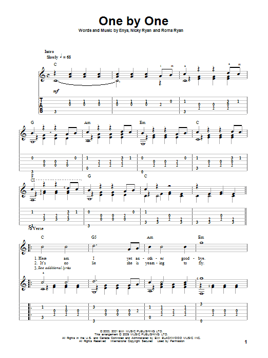 Enya One By One Sheet Music Notes & Chords for Guitar Tab - Download or Print PDF