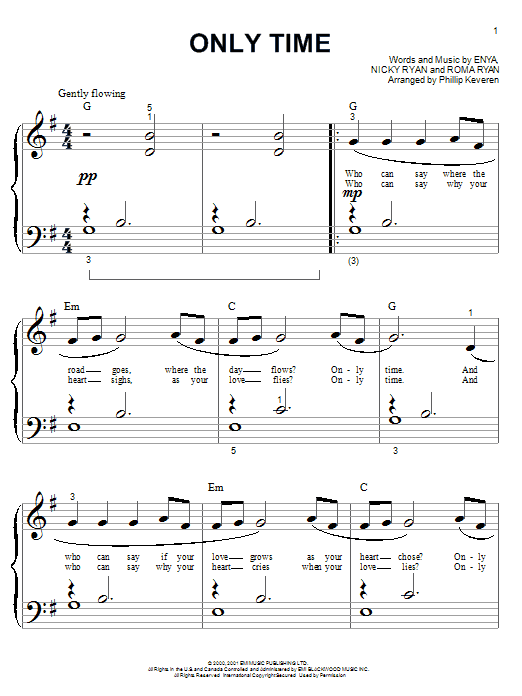 Enya Only Time Sheet Music Notes & Chords for Piano (Big Notes) - Download or Print PDF
