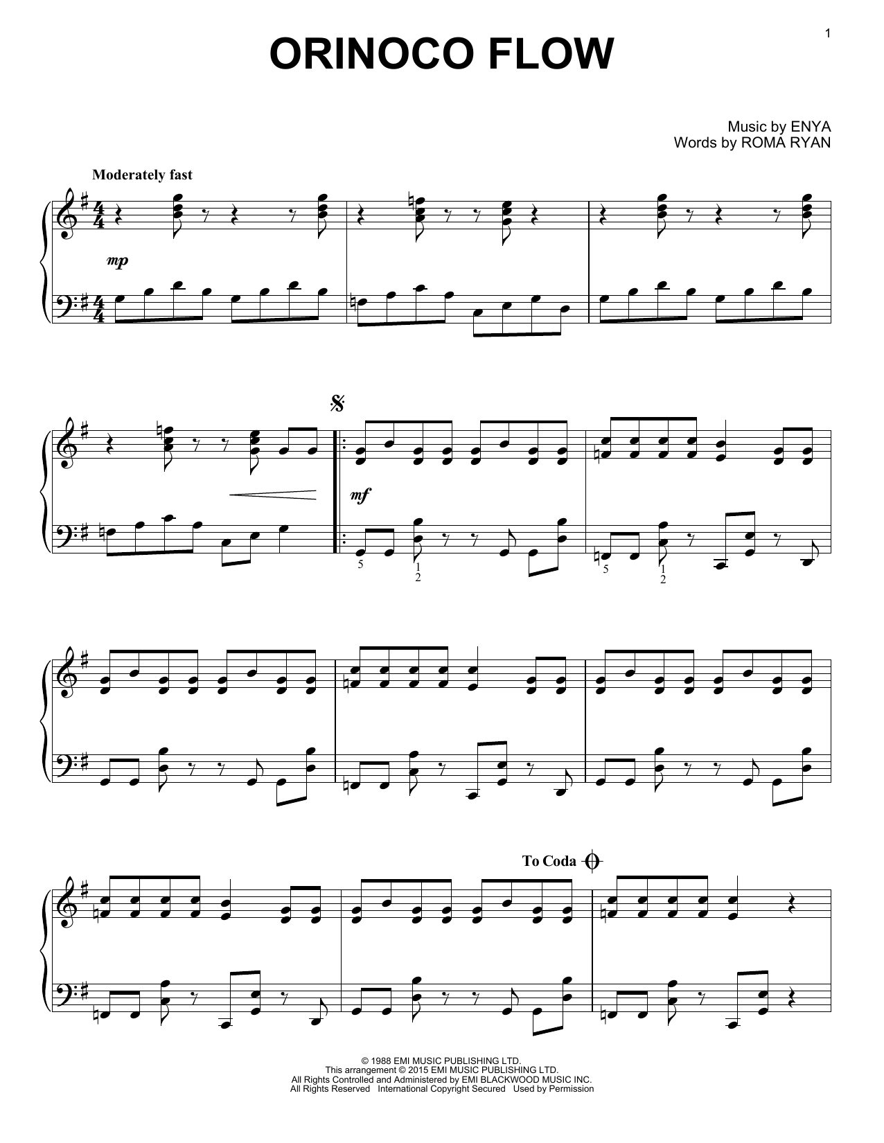 Enya Orinoco Flow Sheet Music Notes & Chords for Piano - Download or Print PDF