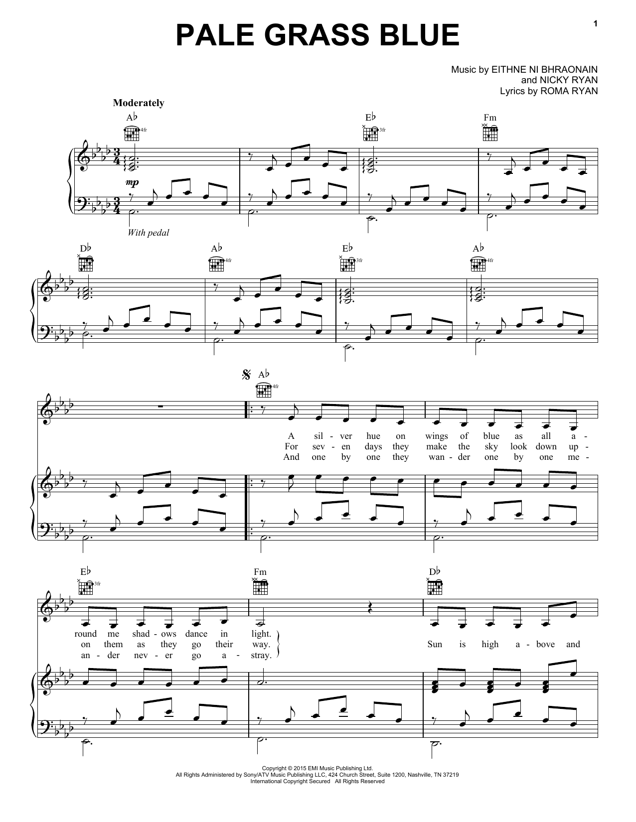 Enya Pale Grass Blue Sheet Music Notes & Chords for Piano, Vocal & Guitar (Right-Hand Melody) - Download or Print PDF