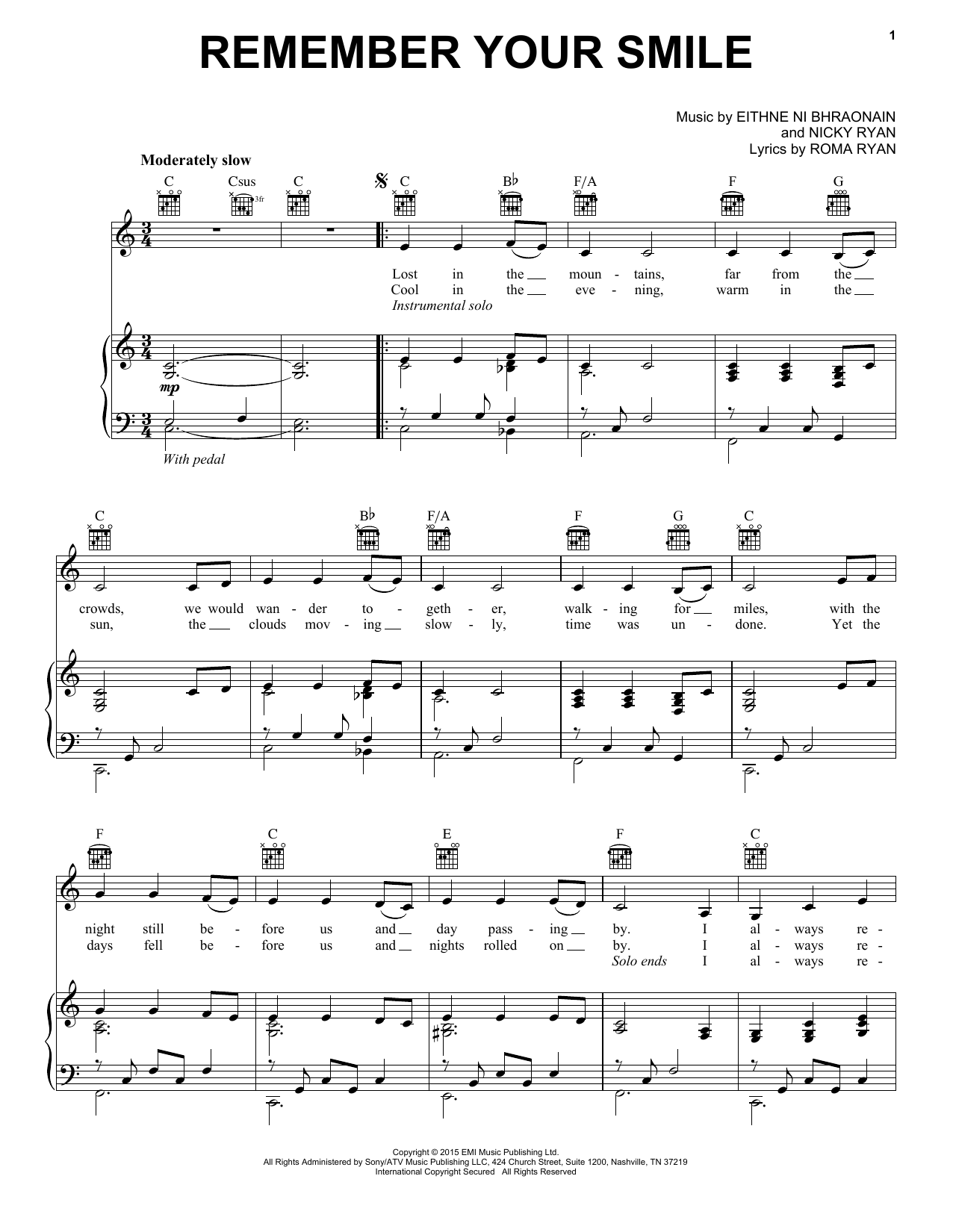 Enya Remember Your Smile Sheet Music Notes & Chords for Piano, Vocal & Guitar (Right-Hand Melody) - Download or Print PDF