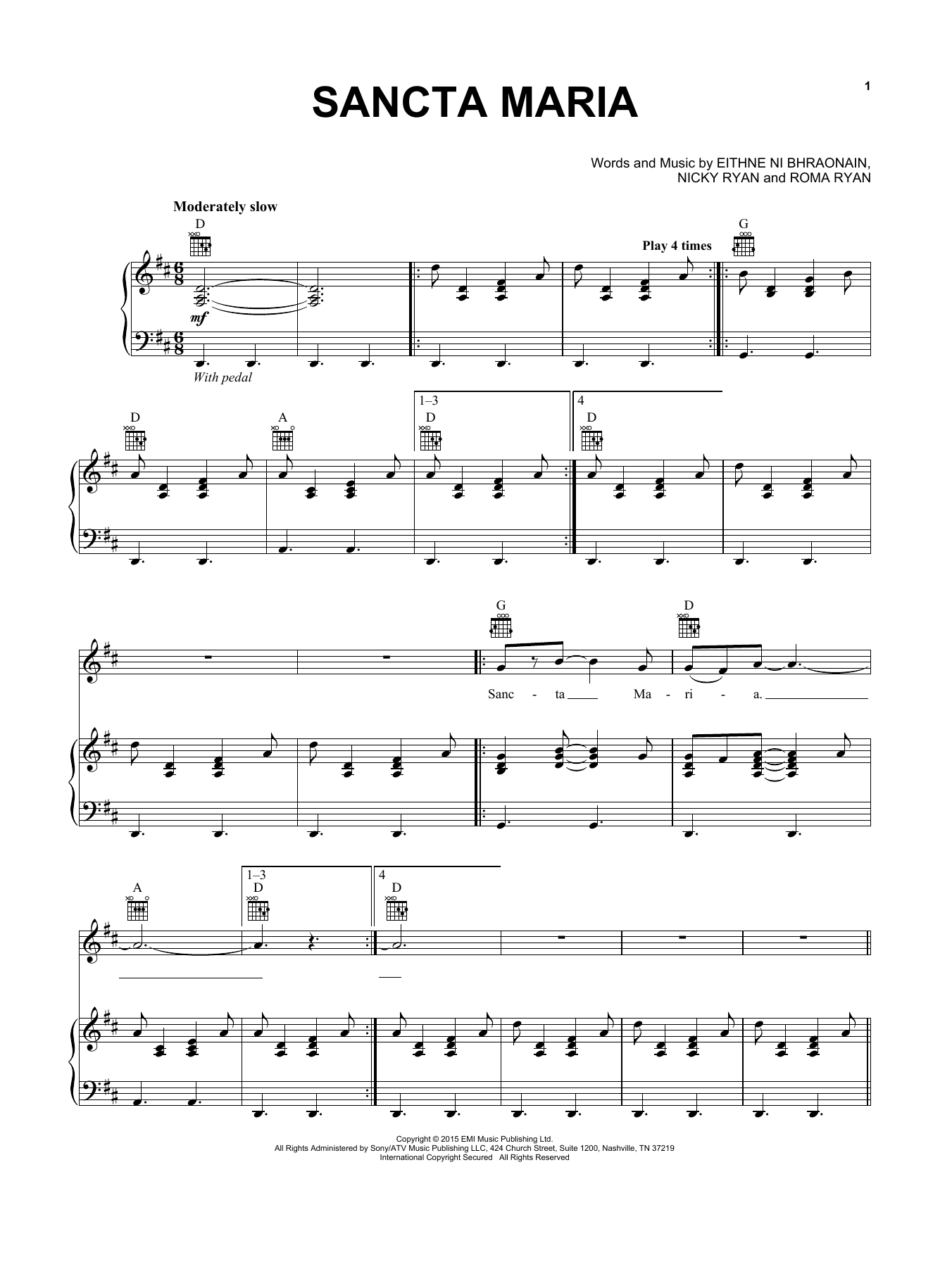 Enya Sancta Maria Sheet Music Notes & Chords for Piano, Vocal & Guitar (Right-Hand Melody) - Download or Print PDF