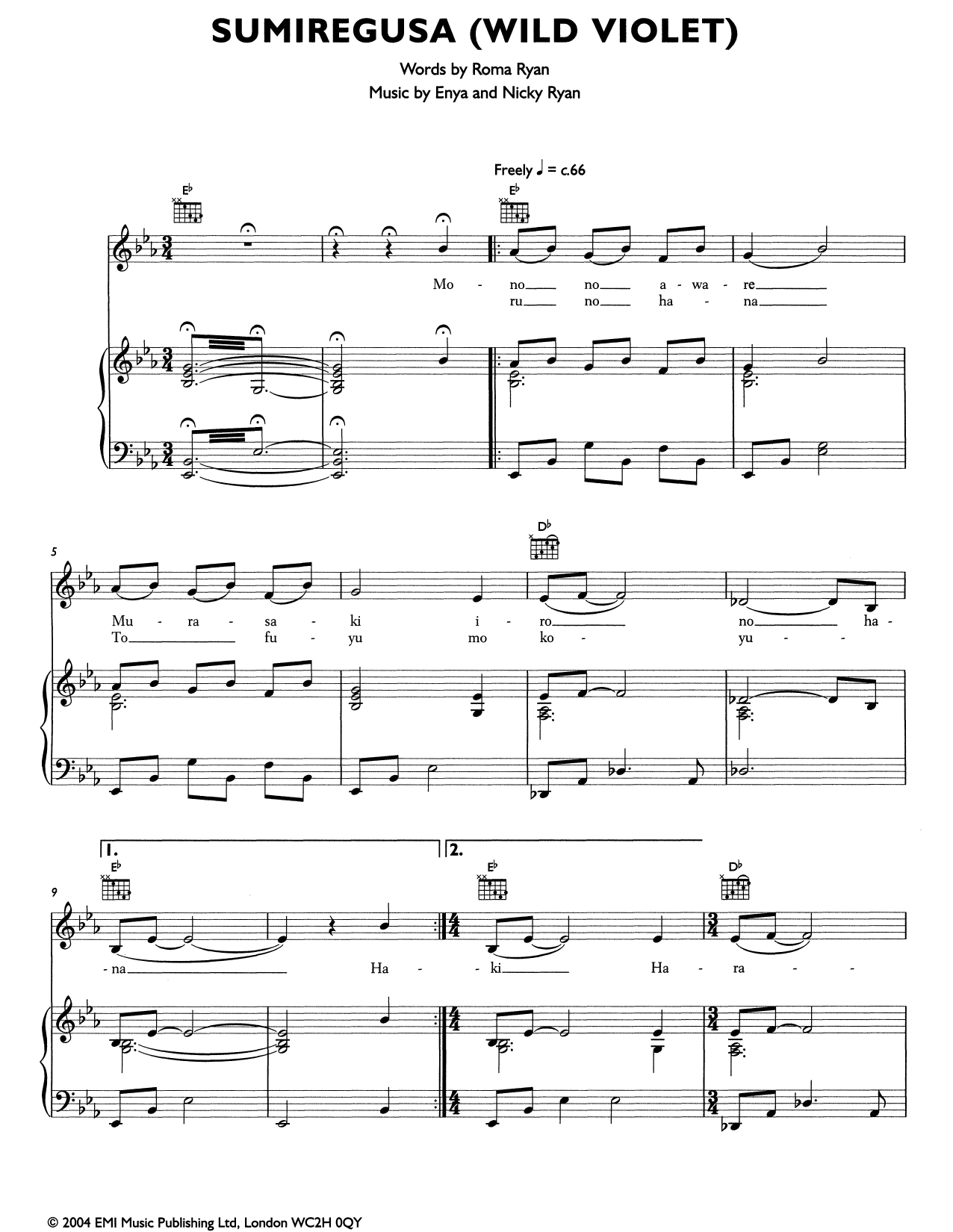 Enya Semiregusa (Wild Violet) Sheet Music Notes & Chords for Piano, Vocal & Guitar (Right-Hand Melody) - Download or Print PDF