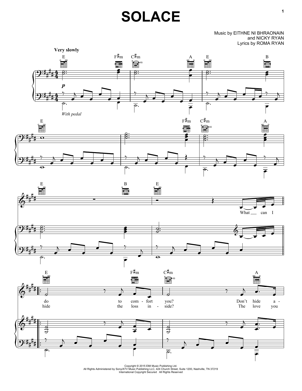 Enya Solace Sheet Music Notes & Chords for Piano, Vocal & Guitar (Right-Hand Melody) - Download or Print PDF