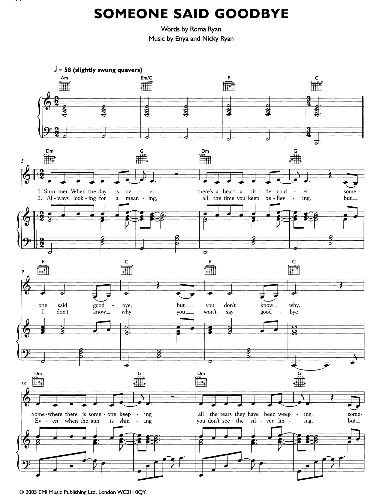 Enya Someone Said Goodbye Sheet Music Notes & Chords for Piano, Vocal & Guitar (Right-Hand Melody) - Download or Print PDF