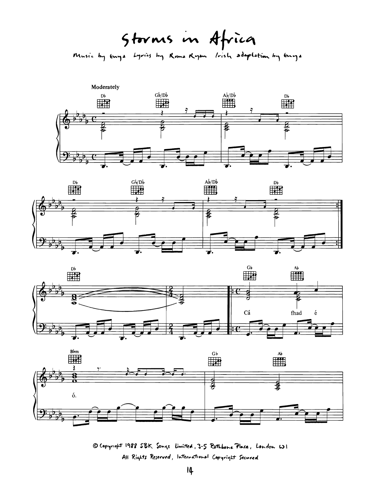 Enya Storms In Africa Sheet Music Notes & Chords for Piano, Vocal & Guitar Chords (Right-Hand Melody) - Download or Print PDF