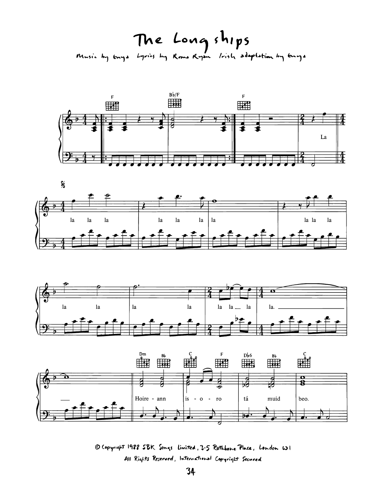 Enya The Long Ships Sheet Music Notes & Chords for Piano, Vocal & Guitar Chords (Right-Hand Melody) - Download or Print PDF