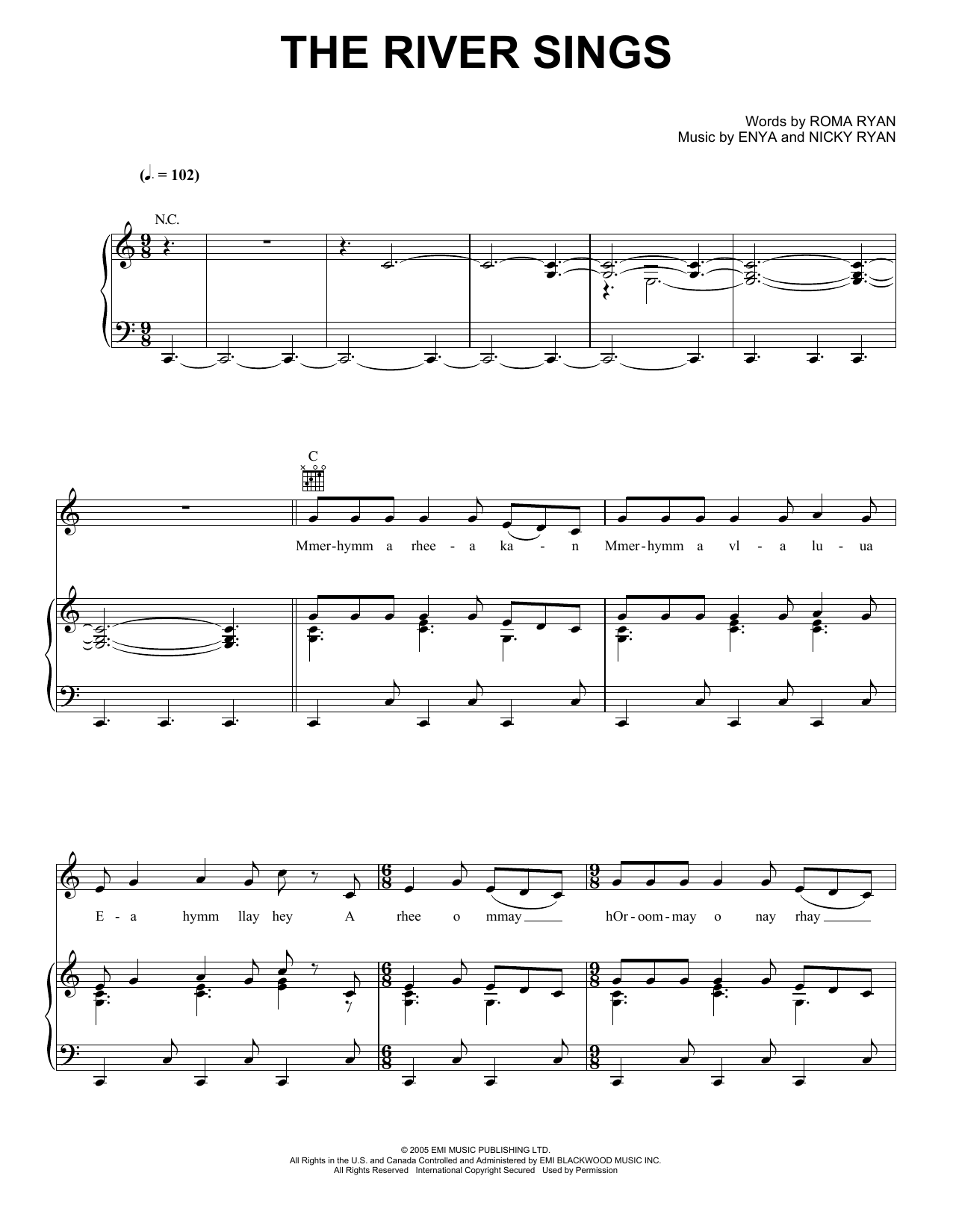 Enya The River Sings Sheet Music Notes & Chords for Piano, Vocal & Guitar (Right-Hand Melody) - Download or Print PDF