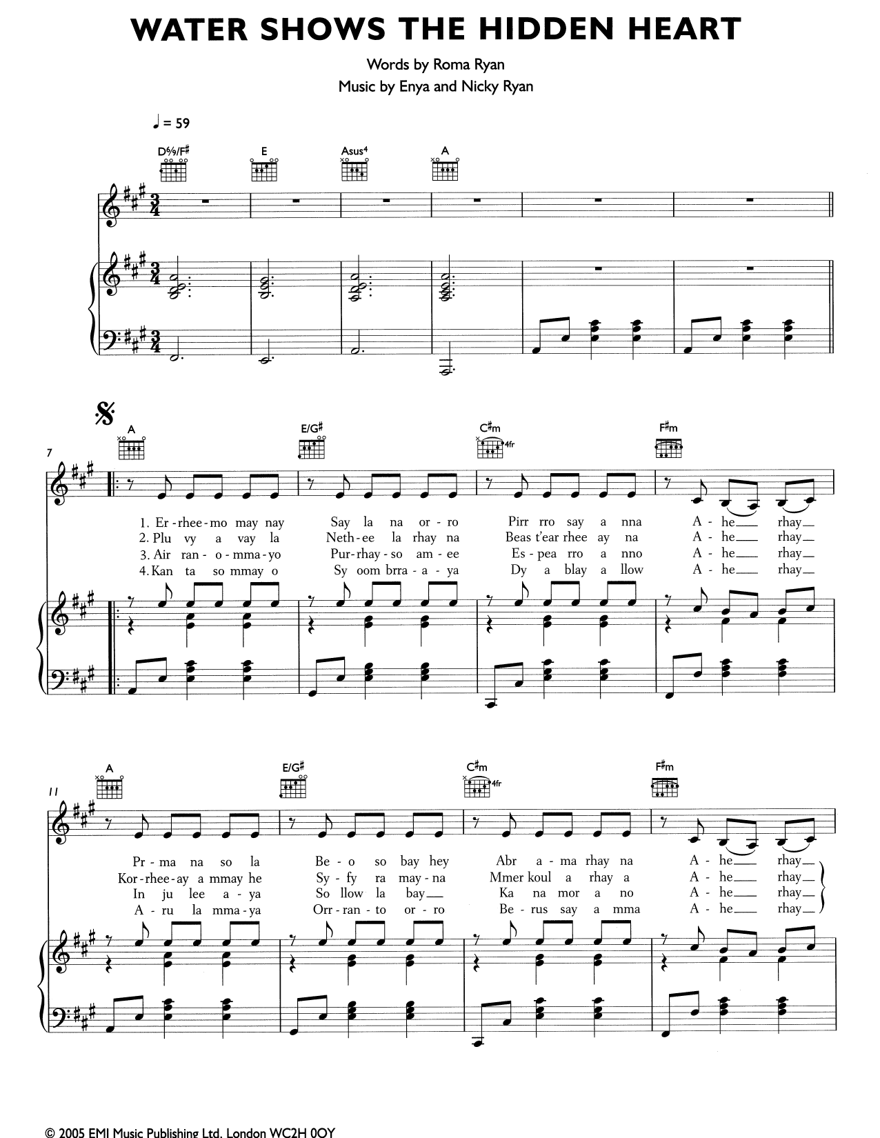 Enya Water Shows The Hidden Heart Sheet Music Notes & Chords for Piano, Vocal & Guitar (Right-Hand Melody) - Download or Print PDF
