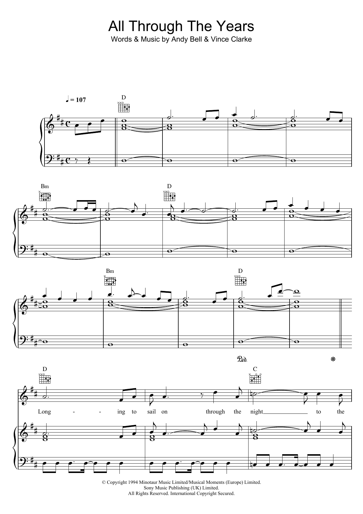 Erasure All Through The Years Sheet Music Notes & Chords for Piano, Vocal & Guitar (Right-Hand Melody) - Download or Print PDF