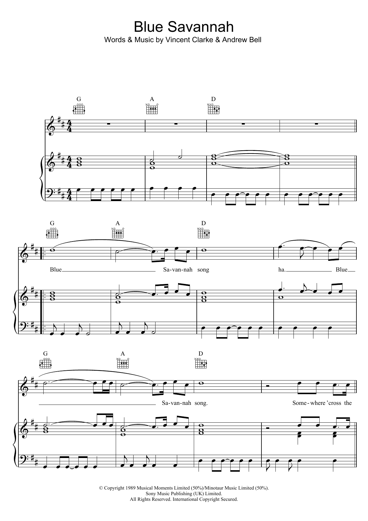 Erasure Blue Savannah Sheet Music Notes & Chords for Piano, Vocal & Guitar (Right-Hand Melody) - Download or Print PDF