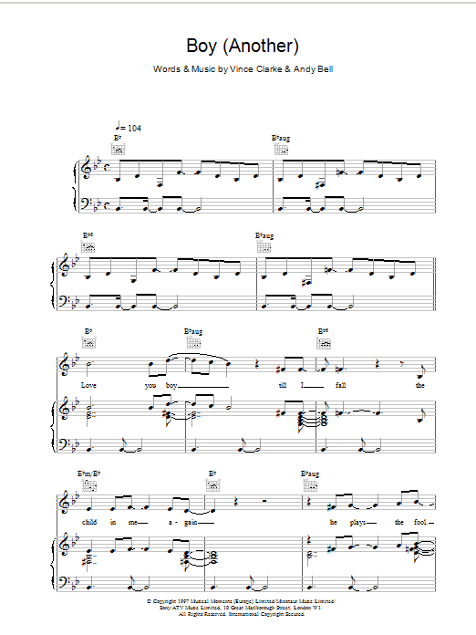 Preview Erasure Boy (Another) Pop sheet music, notes and chords for Piano, Vocal & Guitar (Right-Hand Melody), SKU: 17635 Boy (Another) sheet music
