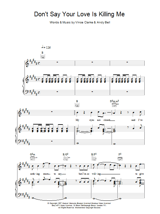 Erasure Don't Say Your Love Is Killing Me Sheet Music Notes & Chords for Piano, Vocal & Guitar (Right-Hand Melody) - Download or Print PDF