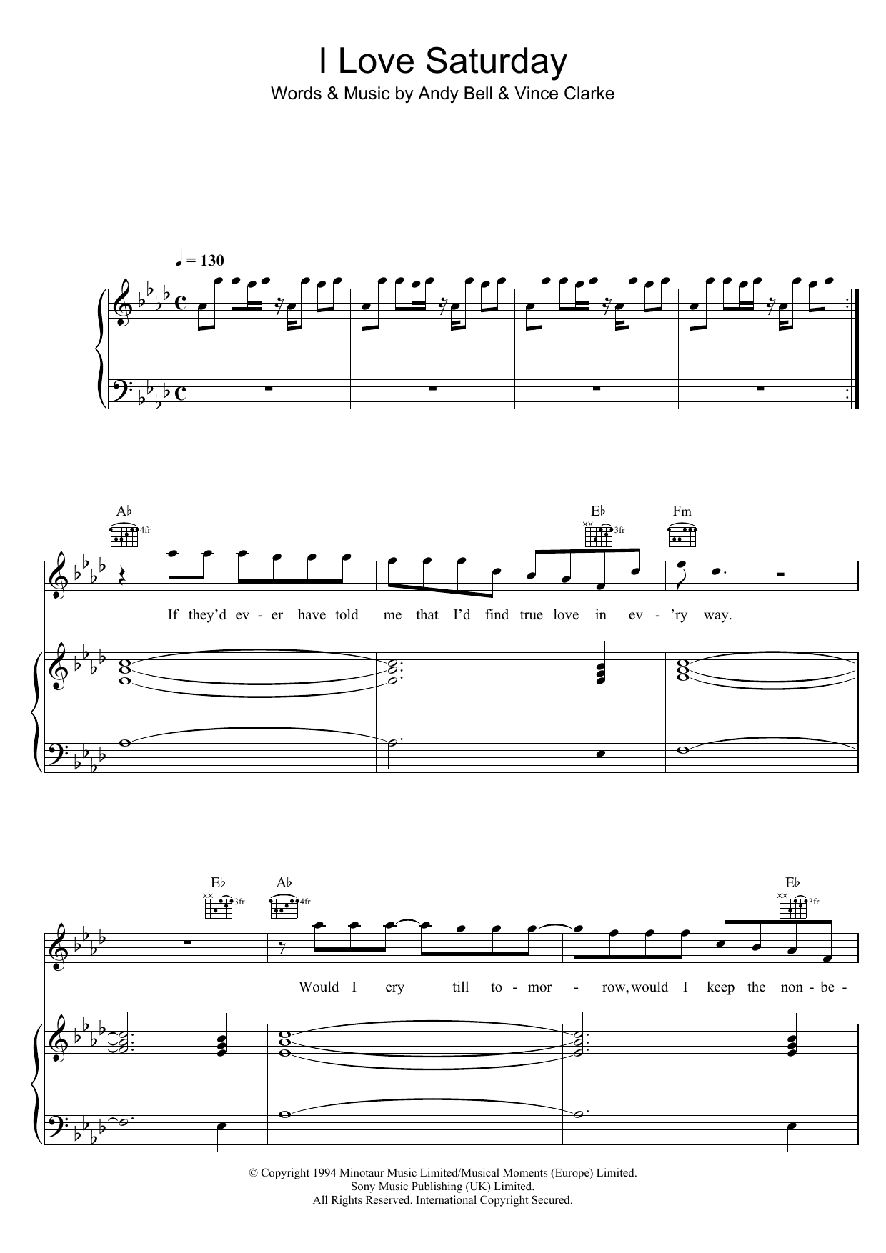 Erasure I Love Saturday Sheet Music Notes & Chords for Piano, Vocal & Guitar (Right-Hand Melody) - Download or Print PDF