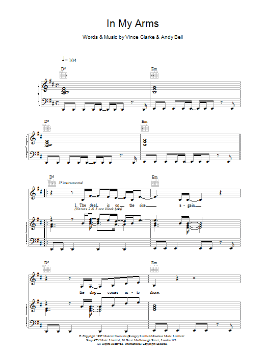 Preview Erasure In My Arms Pop sheet music, notes and chords for Piano, Vocal & Guitar (Right-Hand Melody), SKU: 17638 In My Arms sheet music