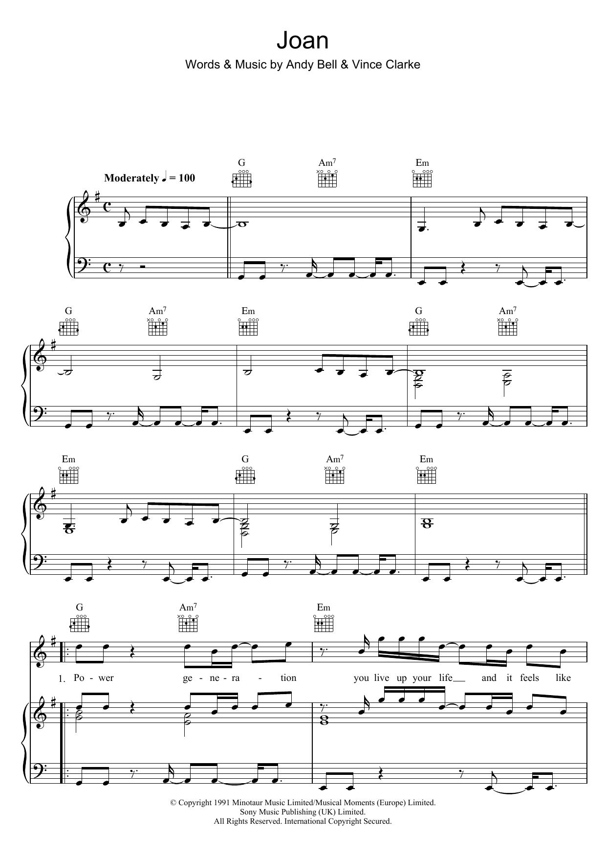 Erasure Joan Sheet Music Notes & Chords for Piano, Vocal & Guitar (Right-Hand Melody) - Download or Print PDF