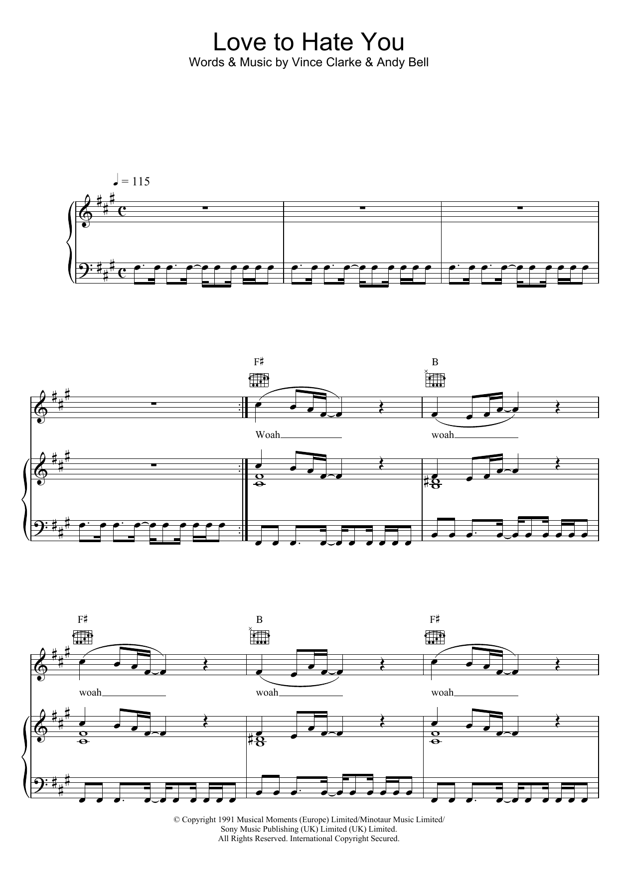 Erasure Love To Hate You Sheet Music Notes & Chords for Piano, Vocal & Guitar (Right-Hand Melody) - Download or Print PDF