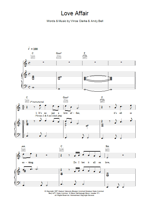 Preview Erasure Love Affair Pop sheet music, notes and chords for Piano, Vocal & Guitar (Right-Hand Melody), SKU: 17639 Love Affair sheet music