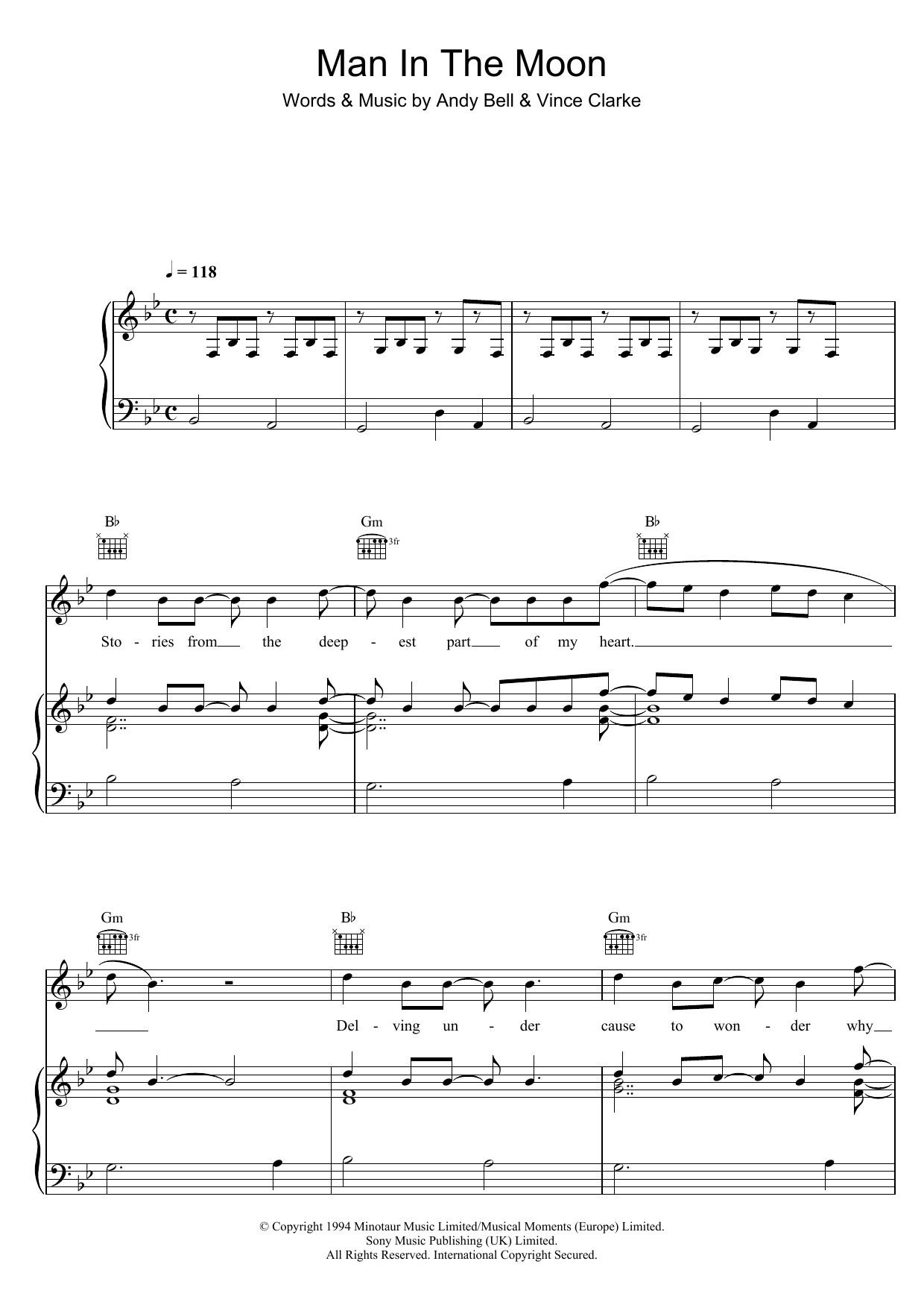 Erasure Man In the Moon Sheet Music Notes & Chords for Piano, Vocal & Guitar (Right-Hand Melody) - Download or Print PDF