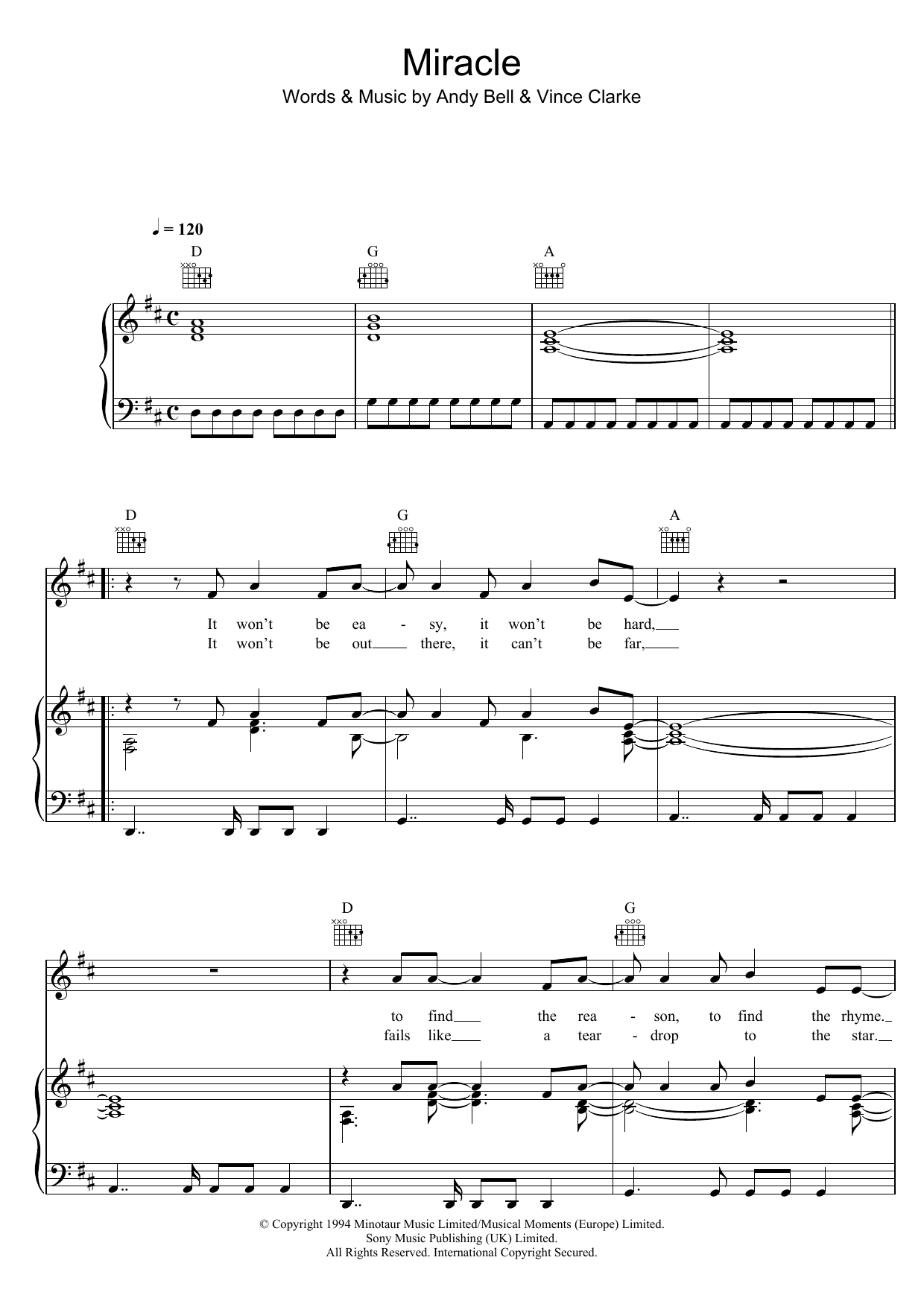 Erasure Miracle Sheet Music Notes & Chords for Piano, Vocal & Guitar (Right-Hand Melody) - Download or Print PDF