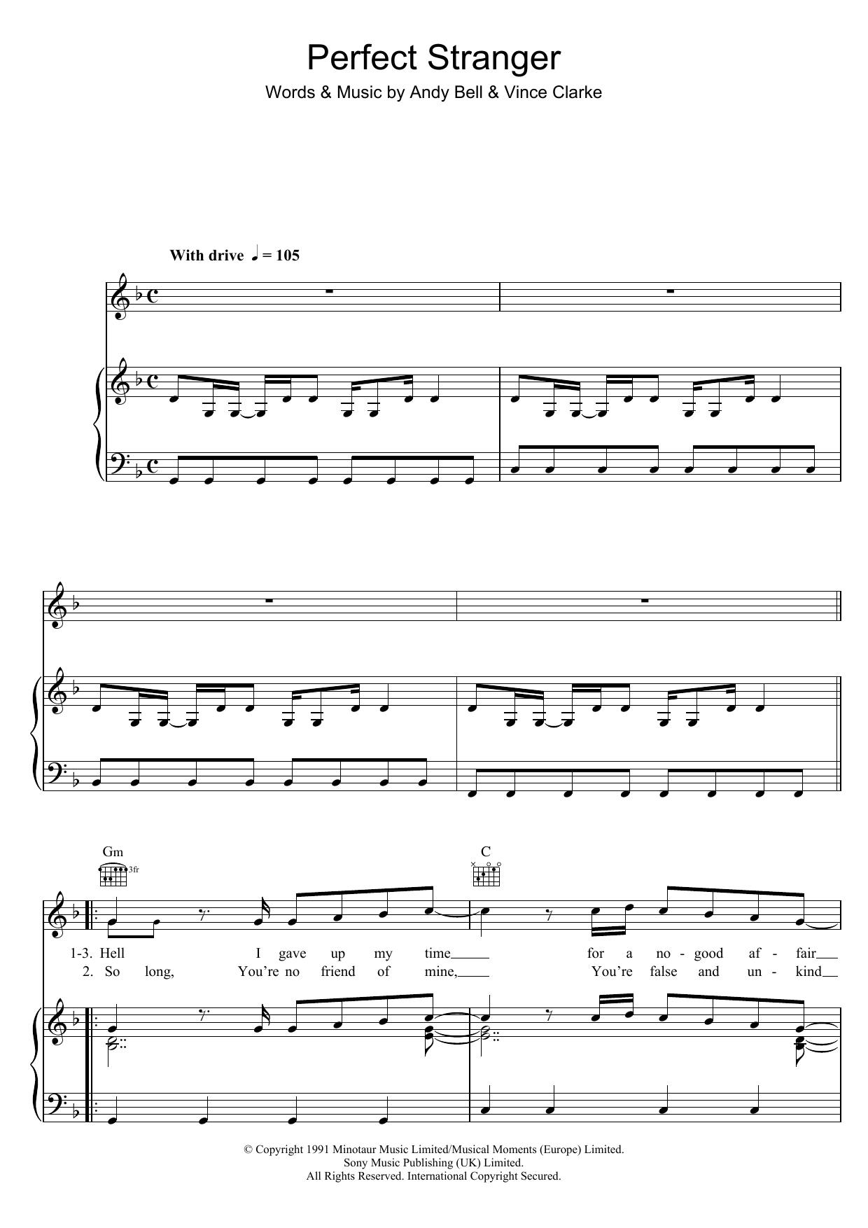 Erasure Perfect Stranger Sheet Music Notes & Chords for Piano, Vocal & Guitar (Right-Hand Melody) - Download or Print PDF