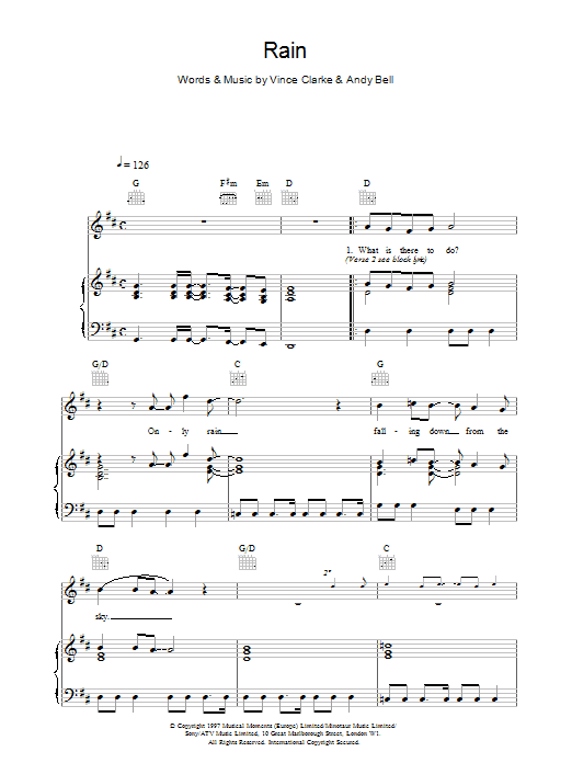 Erasure Rain Sheet Music Notes & Chords for Piano, Vocal & Guitar (Right-Hand Melody) - Download or Print PDF