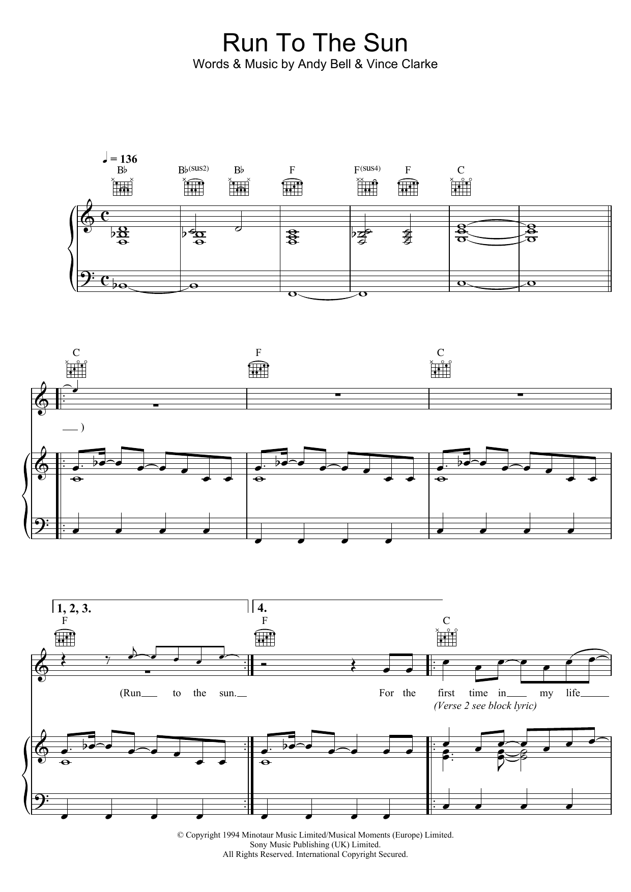 Erasure Run To The Sun Sheet Music Notes & Chords for Piano, Vocal & Guitar (Right-Hand Melody) - Download or Print PDF