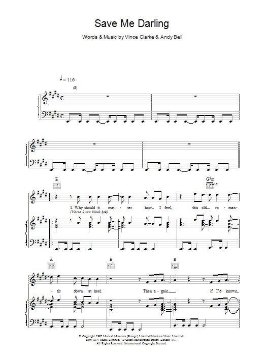 Preview Erasure Save Me Darling Pop sheet music, notes and chords for Piano, Vocal & Guitar (Right-Hand Melody), SKU: 17642 Save Me Darling sheet music