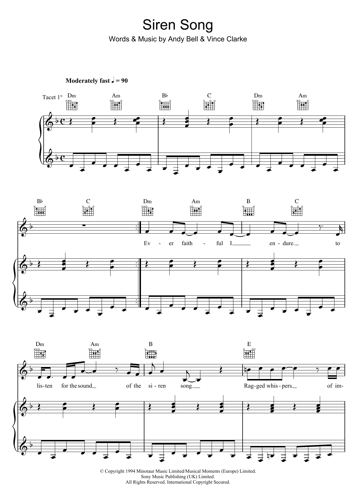 Erasure Siren Song Sheet Music Notes & Chords for Piano, Vocal & Guitar - Download or Print PDF