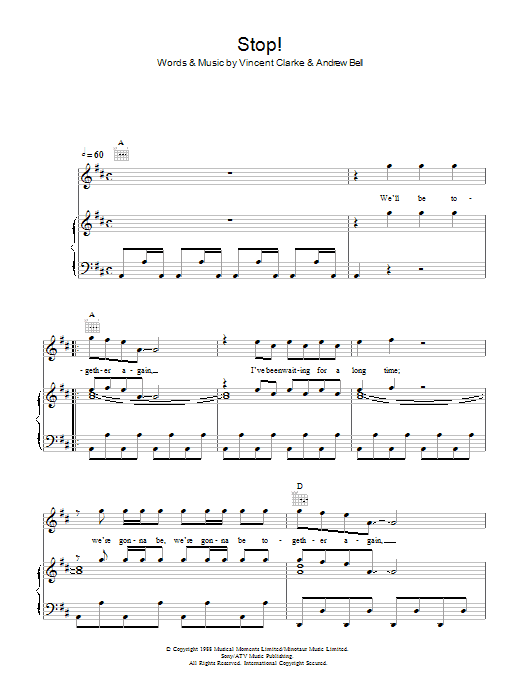 Erasure Stop Sheet Music Notes & Chords for Piano, Vocal & Guitar (Right-Hand Melody) - Download or Print PDF