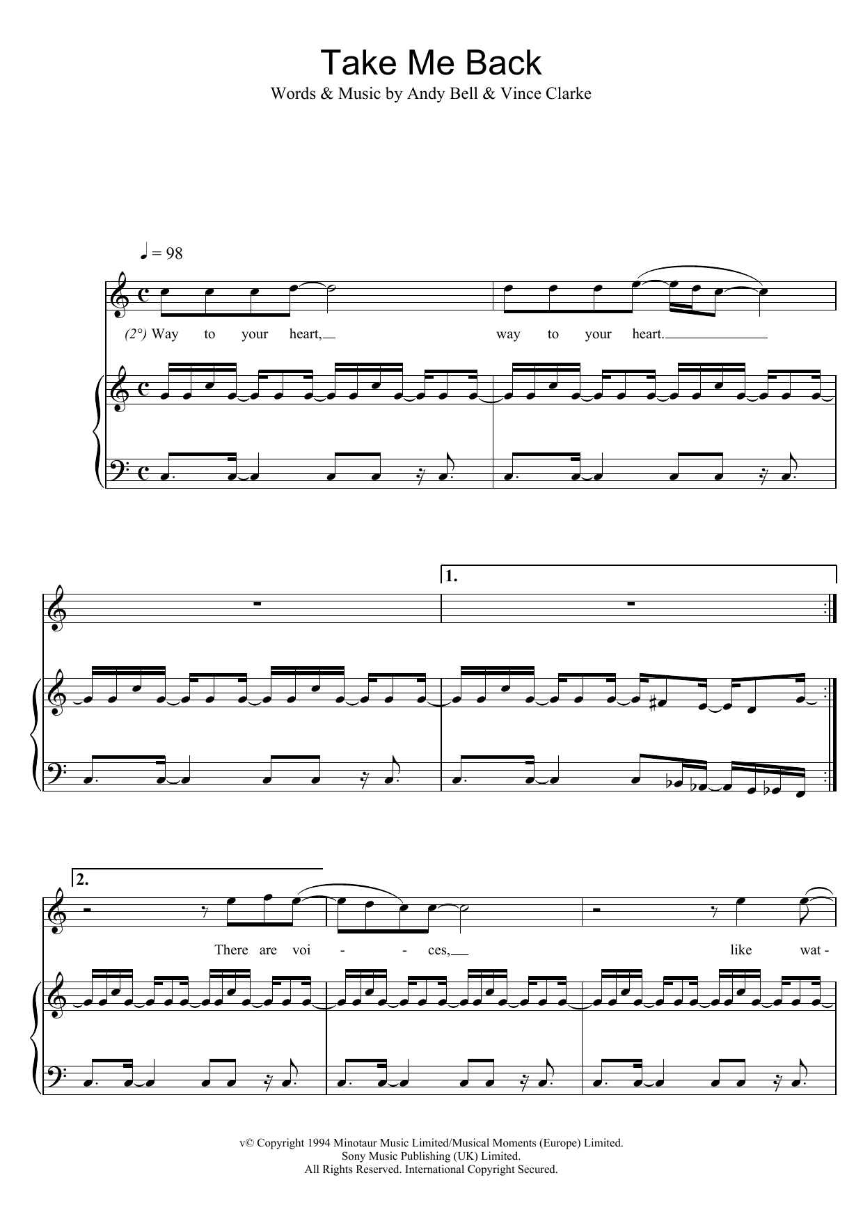 Erasure Take Me Back Sheet Music Notes & Chords for Piano, Vocal & Guitar - Download or Print PDF