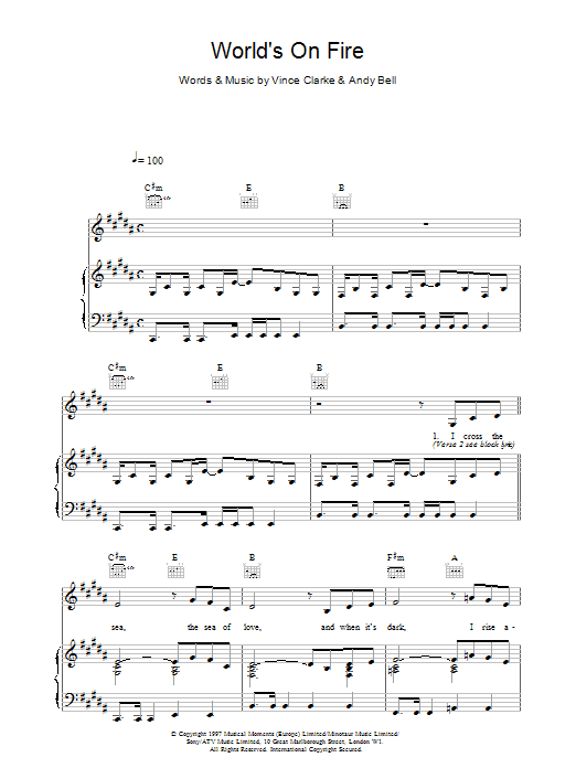 Erasure World's On Fire Sheet Music Notes & Chords for Piano, Vocal & Guitar (Right-Hand Melody) - Download or Print PDF