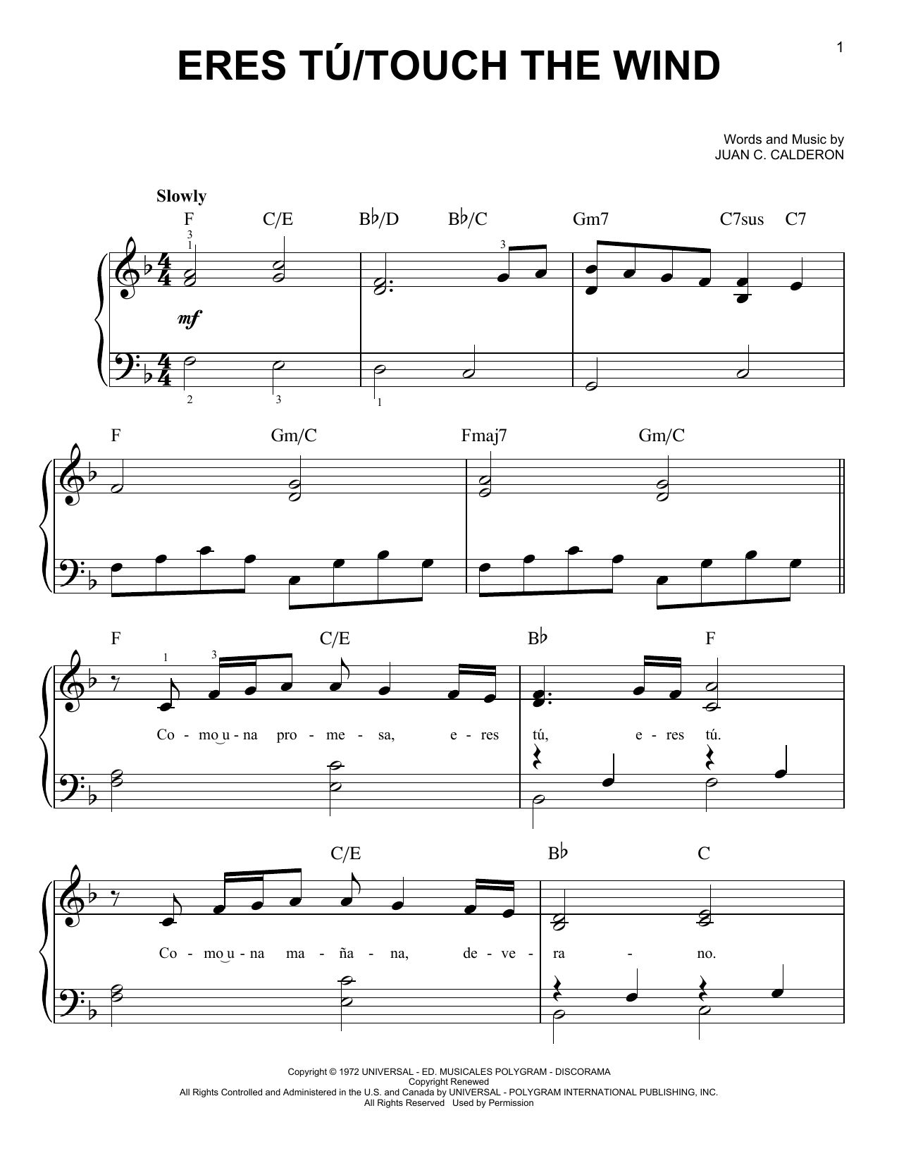Preview Mocedades Eres Tu/Touch The Wind Jazz sheet music, notes and chords for Very Easy Piano, SKU: 417303 sheet music, piano notes, chords, guitar tabs, score, transpose, transcribe, how to play, guide, download, learn, tutorial, progression, song, artist, awards, billboard, mtv, vh1, tour, single, album, release