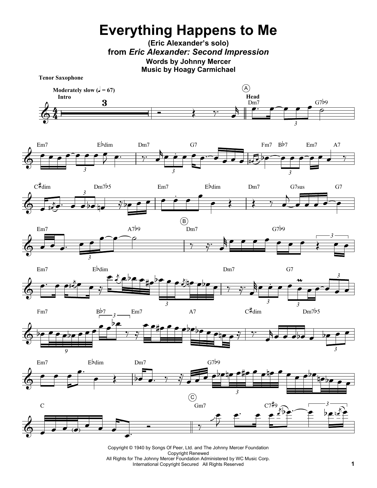 Eric Alexander Everything Happens To Me Sheet Music Notes & Chords for Tenor Sax Transcription - Download or Print PDF