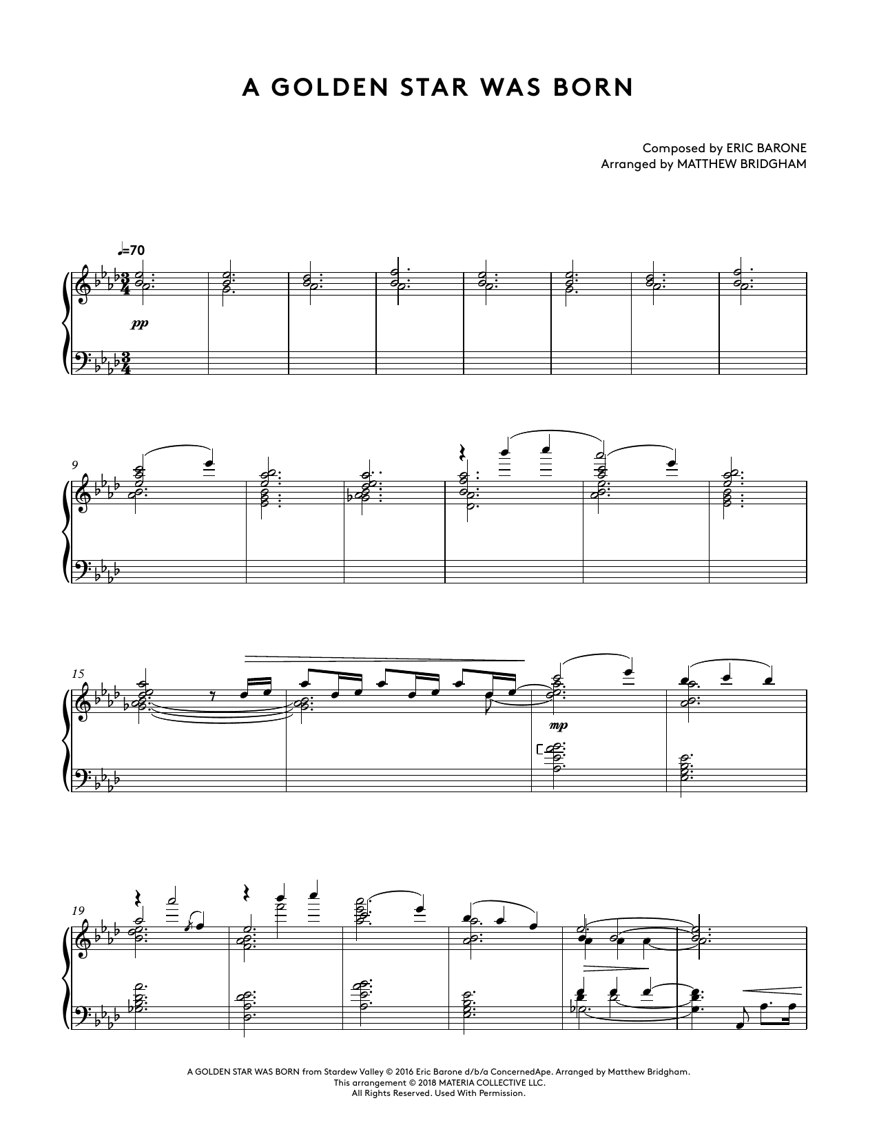 Eric Barone A Golden Star Was Born (from Stardew Valley Piano Collections) (arr. Matthew Bridgham) Sheet Music Notes & Chords for Piano Solo - Download or Print PDF