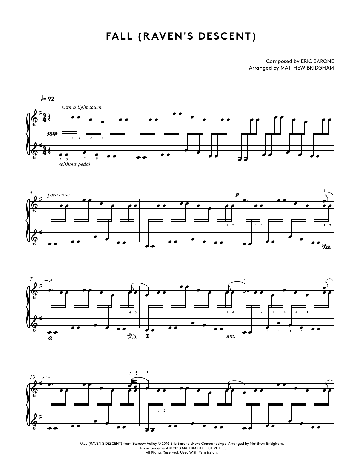 Eric Barone Fall (Raven's Descent) (from Stardew Valley Piano Collections) (arr. Matthew Bridgham) Sheet Music Notes & Chords for Piano Solo - Download or Print PDF