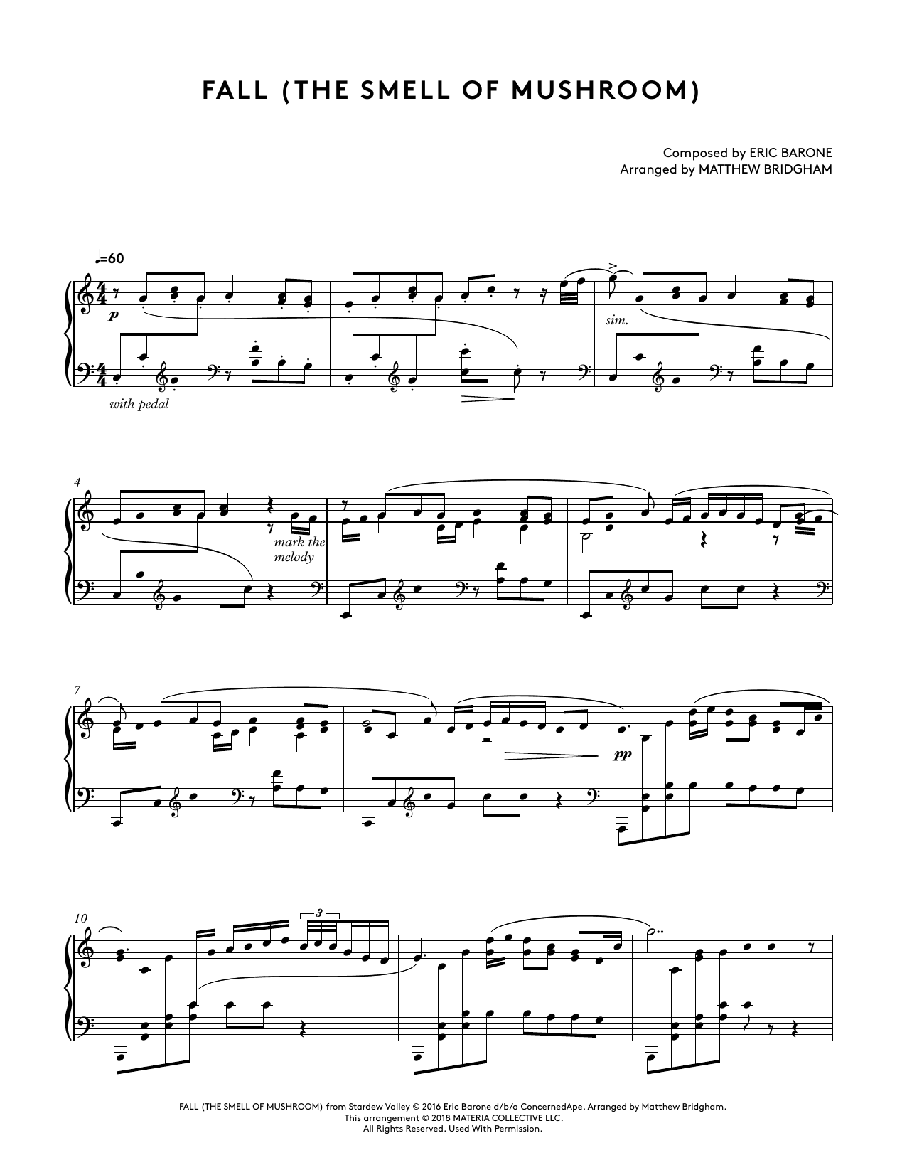 Eric Barone Fall (The Smell Of Mushroom) (from Stardew Valley Piano Collections) (arr. Matthew Bridgham) Sheet Music Notes & Chords for Piano Solo - Download or Print PDF