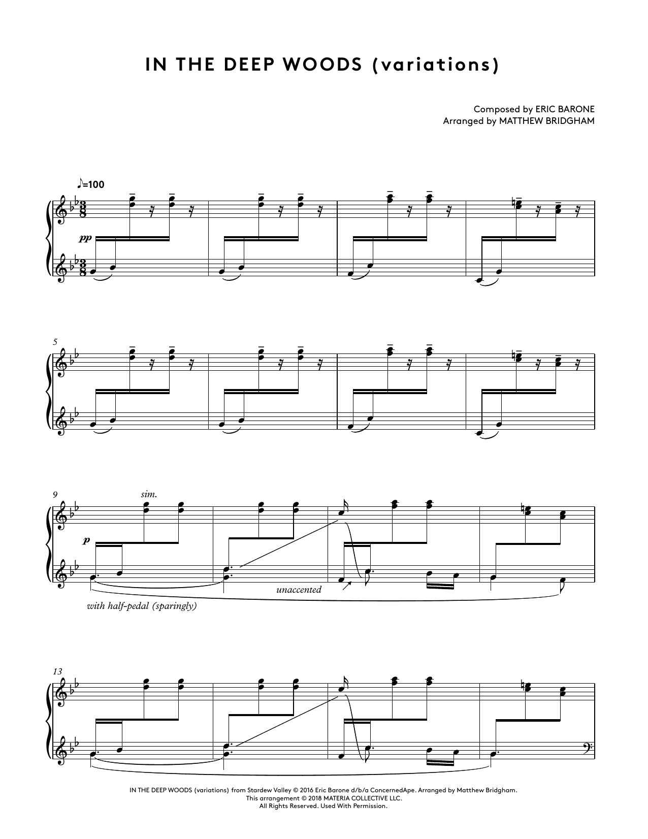 Eric Barone In The Deep Woods (variations) (from Stardew Valley Piano Collections) (arr. Matthew Bridgham) Sheet Music Notes & Chords for Piano Solo - Download or Print PDF