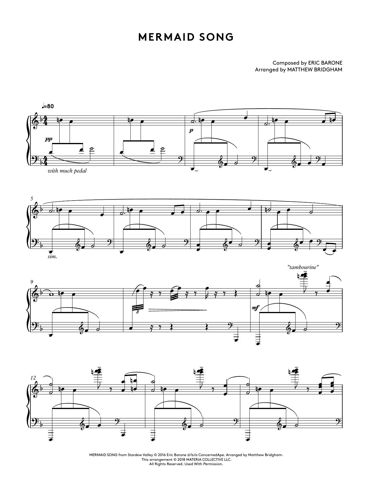Eric Barone Mermaid Song (from Stardew Valley Piano Collections) (arr. Matthew Bridgham) Sheet Music Notes & Chords for Piano Solo - Download or Print PDF