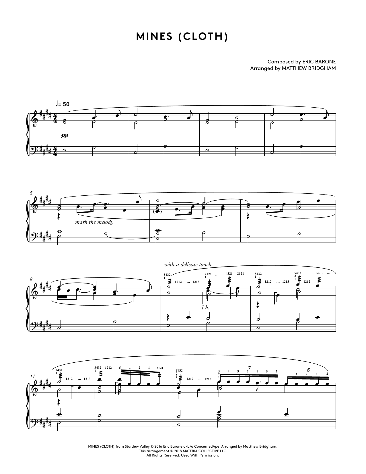 Eric Barone Mines (Cloth) (from Stardew Valley Piano Collections) (arr. Matthew Bridgham) Sheet Music Notes & Chords for Piano Solo - Download or Print PDF