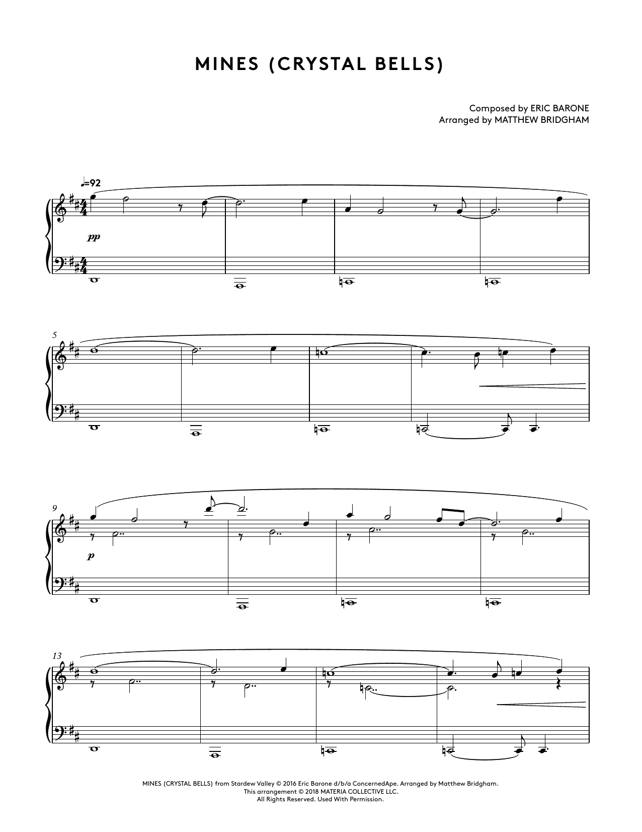 Eric Barone Mines (Crystal Bells) (from Stardew Valley Piano Collections) (arr. Matthew Bridgham) Sheet Music Notes & Chords for Piano Solo - Download or Print PDF