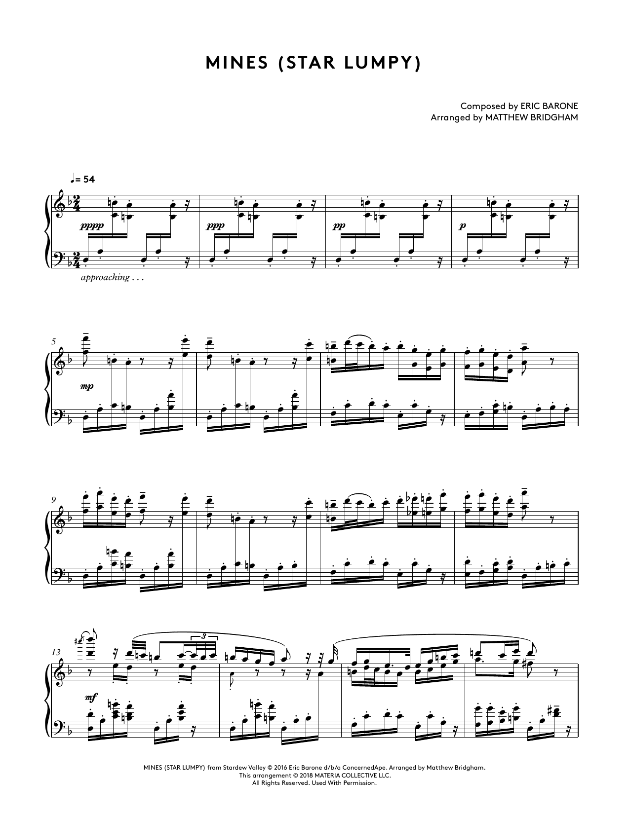 Eric Barone Mines (Star Lumpy) (from Stardew Valley Piano Collections) (arr. Matthew Bridgham) Sheet Music Notes & Chords for Piano Solo - Download or Print PDF