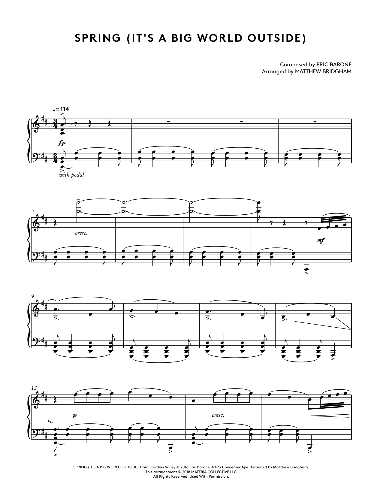 Eric Barone Spring (It's A Big World Outside) (from Stardew Valley Piano Collections) (arr. Matthew Bridgham) Sheet Music Notes & Chords for Piano Solo - Download or Print PDF
