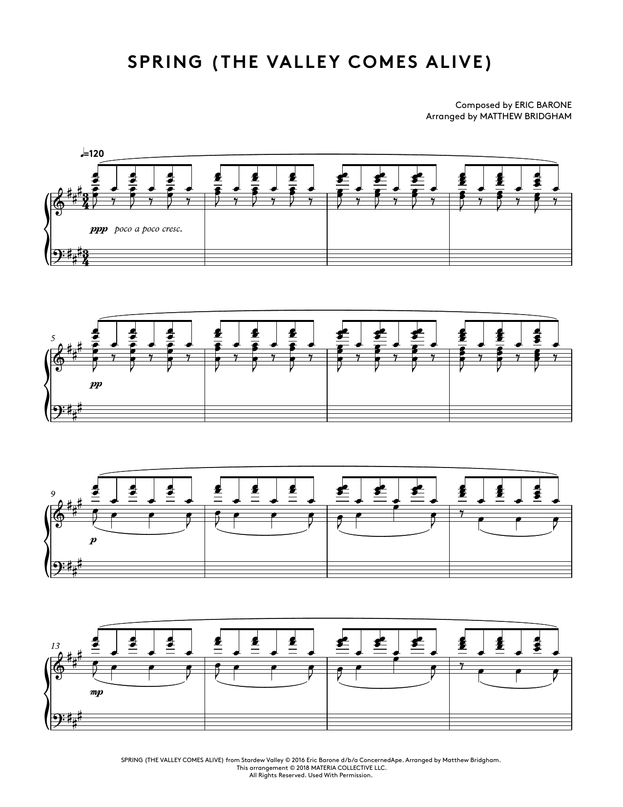 Eric Barone Spring (The Valley Comes Alive) (from Stardew Valley Piano Collections) (arr. Matthew Bridgham) Sheet Music Notes & Chords for Piano Solo - Download or Print PDF