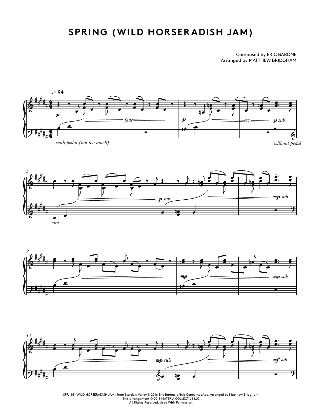 Eric Barone Spring (Wild Horseradish Jam) (from Stardew Valley Piano Collections) (arr. Matthew Bridgham) Sheet Music Notes & Chords for Piano Solo - Download or Print PDF