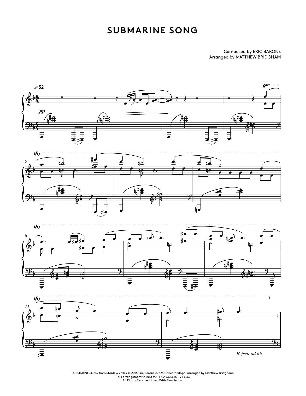 Eric Barone Submarine Song (from Stardew Valley Piano Collections) (arr. Matthew Bridgham) Sheet Music Notes & Chords for Piano Solo - Download or Print PDF