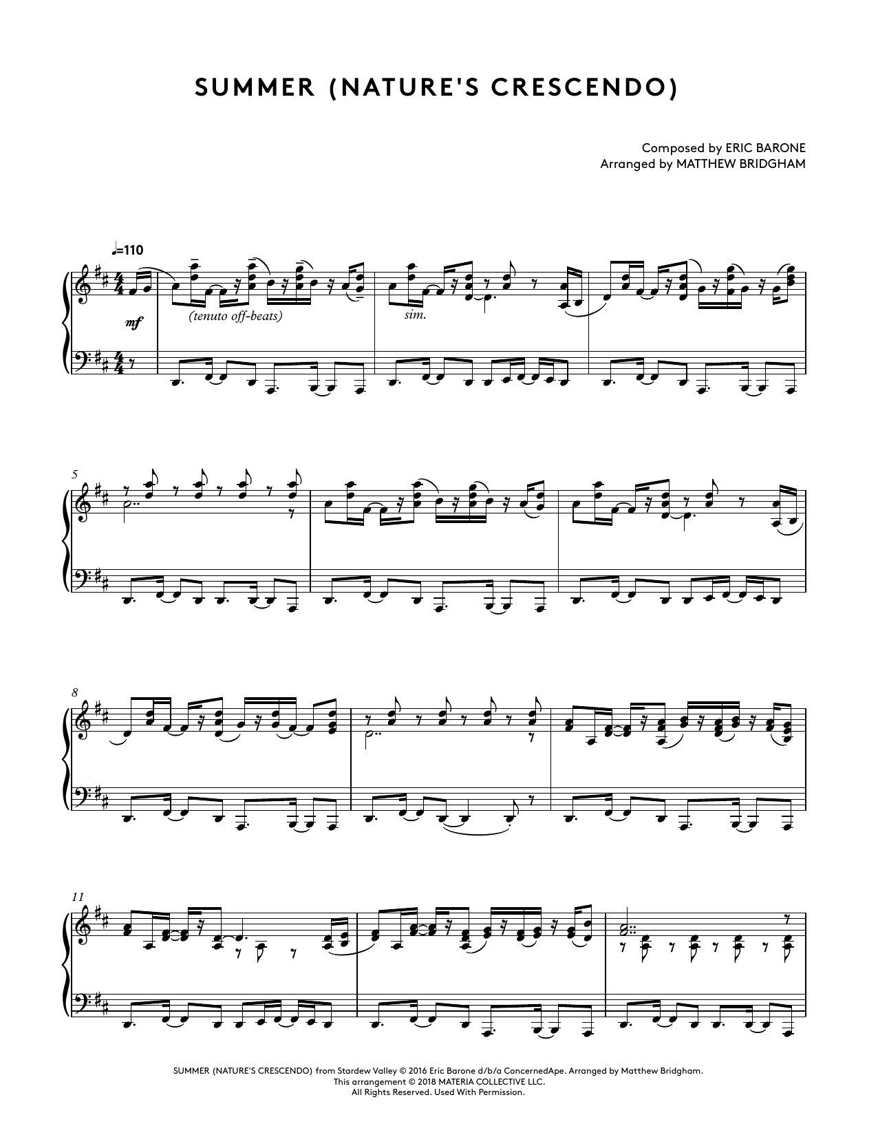 Eric Barone Summer (Nature's Crecendo) (from Stardew Valley Piano Collections) (arr. Matthew Bridgham) Sheet Music Notes & Chords for Piano Solo - Download or Print PDF