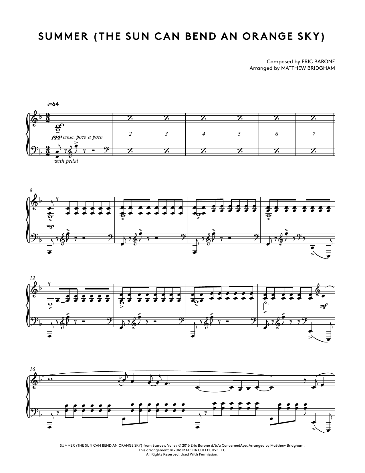 Eric Barone Summer (The Sun Can Bend An Orange Sky) (Stardew Valley Piano Collections) (arr. Matthew Bridgham) Sheet Music Notes & Chords for Piano Solo - Download or Print PDF
